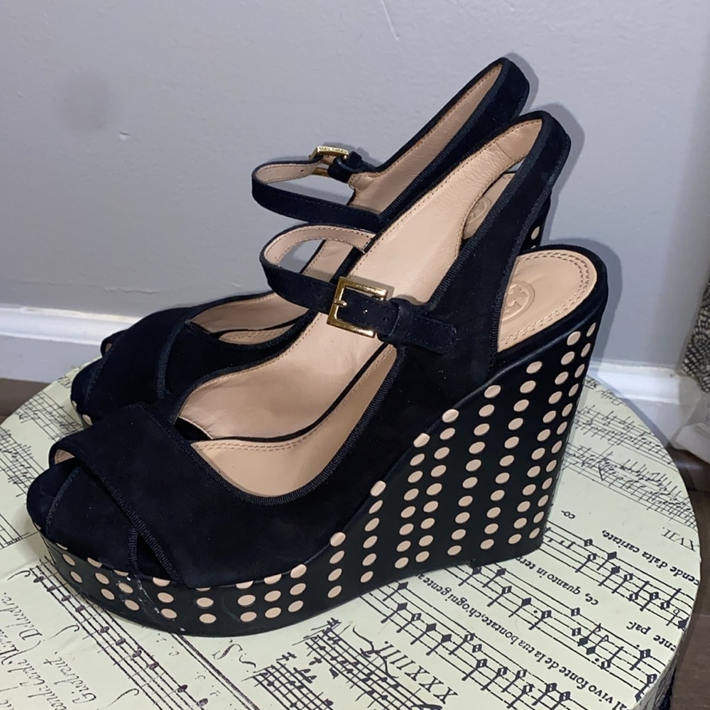 Tory Burch Black Suede Polka Dot Wedge Platforms